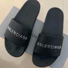 Balenciaga Black & Silver Logo Slides. Excellent Condition, Used Once At Home Only (Too Small For Me). Elegant Black Slides For Summer, Black Evening Slides For Spring, Elegant Black Slides With Branded Insole, Black Slides For Summer Evenings, Black Evening Slides For Summer, Black Summer Evening Slides, Formal Black Slides For Summer, Black Round Toe Slides For Formal Occasions, Designer Black Slides For Formal Occasions