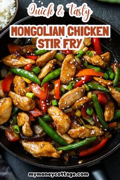 chicken stir fry in a skillet with rice and vegetables on the side text reads quick & tasty