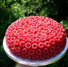 a cake that is sitting on top of a metal platter in front of some trees