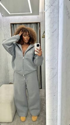 Midsize Outfits Streetwear, Tracksuits Outfits Women, Easy Travel Outfits Packing Light, White Sweatsuit Outfits Women, Cozy Baddie Outfits, Luxury Streetwear Aesthetic, Lazy Sweatpants Outfit, Elevated Sweatpants Outfit, Sweats Outfit Ideas