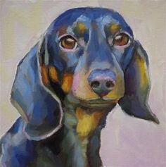 a painting of a dachshund looking at the camera