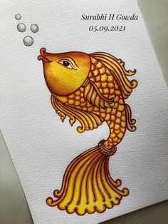 an image of a gold fish with bubbles in it's mouth on a white card