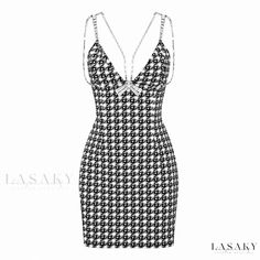 Lasaky - Exquisite Rhinestone Embellished V Neck Jacquard Houndstooth Knit Mini Party Dress Elegant Mini Dress With Houndstooth Pattern For Winter, Elegant Houndstooth Mini Dress For Party, Fitted Houndstooth Party Dress, Fitted Houndstooth Dress For Party, Chic Houndstooth Party Dress, Chic Houndstooth Pattern Dress For Party, Houndstooth Knit, Midi Party Dress, Mini Party Dress