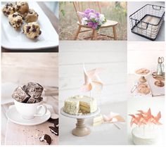 a collage of photos with cakes, cookies and desserts