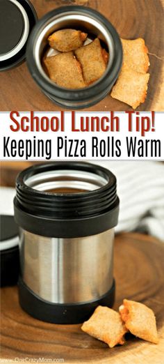 the words school lunch tip keep pizza rolls warm on top of a wooden table with crackers