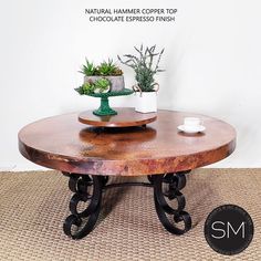 Luxury Copper Coffee Table Round Copper Coffee Table, Copper Coffee Table, Live Edge Desk, Large Console Table, Copper Top, Mesquite Wood, Foyer Table, Home Coffee Tables, Desk Table