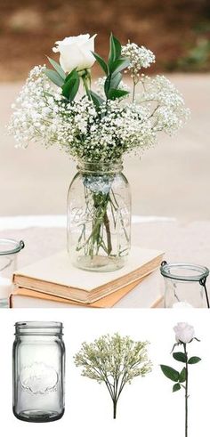 flowers in mason jars are sitting on a table with books and glass vases filled with baby's breath