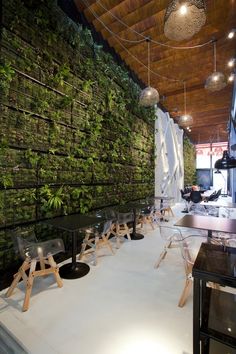 an indoor restaurant with green walls and chairs