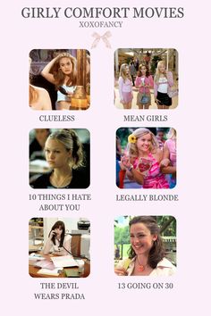 Girly comfort movies, romcoms, aesthetic, clueless, mean girls, legally blonde, kat strasford, whisper, whispers, girlblog, girlblogger || dont repost please! ♡ Films And Series To Watch, Clueless Movie Aesthetic, Movies Every Girl Should Watch, It Girl Movies List, Mean Girls Movie Aesthetic, Girly Comfort Movies, Movies Like Mean Girls To Watch, Comfort Movies Aesthetic, Best Comfort Movies