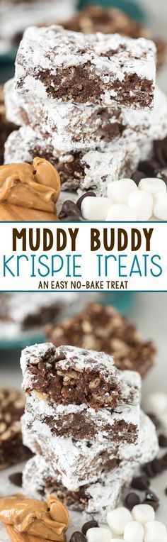 muddy buddy krispie treats are stacked on top of each other with marshmallows