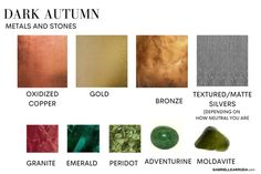 Dark Autumn Skin Color Palette, Dark Autumn Classic Style, Kibbe Romantic Deep Autumn, Deep Autumn Color Palette Jewelry, Deep Autumn Light Colors, Deep Autumn Jewelry Accessories, Dark Autumn Accessories, Deep Autumn Accessories, Dark Autumn Color Palette Outfit For Summer