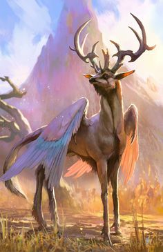 a painting of a deer with large horns and wings on it's back standing in the grass