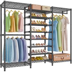 an organized closet with shoes, shirts and suitcases on it's shelves for storage