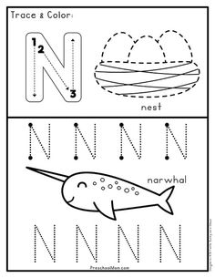 trace and color worksheet for letter n