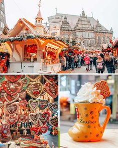 christmas decorations and gingerbreads are featured in this collage, including an orange mug with whipped cream