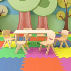 an image of a child's playroom with wooden chairs and tables in it