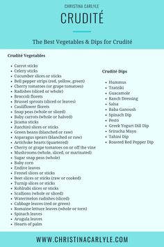 the best vegetables and dips for crudite are shown in this list, which includes