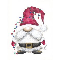 a watercolor drawing of a santa claus with christmas lights on his hat and boots