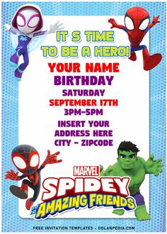 a spiderman birthday party flyer with cartoon characters