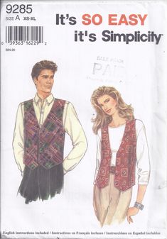 Simplicity 9285 Sewing Pattern from 1994.  Misses', Men's or Teen Boys' Vest. Measurements; Bust: 30 - 40                                         Sizes XS-M See pattern envelope back for fabric requirements. Sewing pattern from 1994  is in excellent condition. Pattern has been used and is complete.  Has printed instructions and layout guide.  Store stamp on front. For some information on how to change a pattern to make it fit: http://www.threadsmagazine.com/item/4424/quick-reference-for-cut-and-spread-pattern-grading Vest Sewing Pattern, Boys Vest, Paper Sewing Patterns, 90s Mens, Simplicity Sewing, Vest Pattern, Easy Sewing Patterns, Simplicity Sewing Patterns, Sewing Pattern Sizes