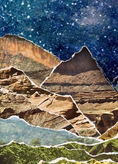 an artistic painting of mountains with stars in the sky