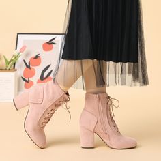 A pair of ankle booties features a lace-up front, a chunky high heel, and a classic rounded toe. A side zipper is added to ease you in and out. Lace Up Booties; Round Toe; Chunky High Heel; Vamp: Faux Suede; Outsole: Rubber; Heel: ABS; Heel Height: 3 3/8 inches; Occasion: Office, Interview, Party, Casual, Halloween days, Christmas Days, Dating, Evening. Elevate your body type and make you naturally look comfortable in your skin and body. Good options for parties, sweet dating, shopping, festival Lace-up Platform Boots With Zipper For Spring, Spring Lace-up Heeled Boots With Reinforced Heel, Spring Lace-up Boots With Zipper Closure And Round Toe, Lace-up Heeled Boots For Spring, High Ankle Boots With Lace-up Fastening For Spring, High Ankle Boots With Front Lace-up For Spring, High Ankle Boots With Laces For Spring, Spring High Ankle Boots With Laces, High Ankle Lace Boots For Spring