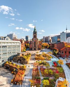 an aerial view of a city with lots of trees and flowers in the foreground