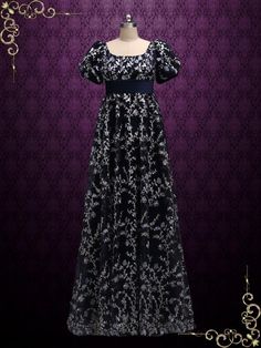 Regency Style Empire Dress with Floral Lace | ALICE Goth Regency Dress, Regency Nightgown, Regency Wedding Dress, Gothic Regency, Regency Era Dress, Simple Lace Dress, Story Boarding, Regency Ball, Core Clothes