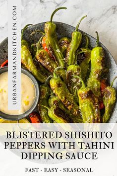 peppers with tahiti dipping sauce in a bowl on a marble counter top, text reads blistered shishito peppers with tahiti dipping sauce