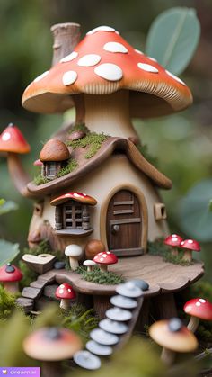 a close up of a mushroom house with trees in the background