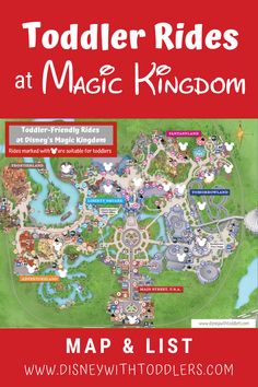 the disney world map for toddler rides at magic kingdom with text overlaying it