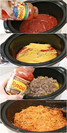 three pictures showing how to make spaghetti in the crock pot