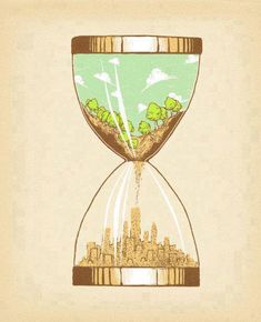 an hourglass with trees and buildings in the sand under it, on a beige background