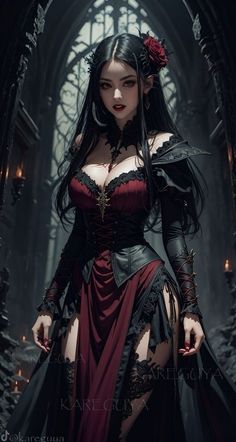 a woman dressed in red and black with long dark hair wearing a corset