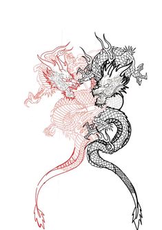 a drawing of two dragon on white paper