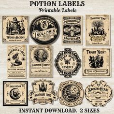 vintage halloween labels with pumpkins, witches and other things to print on the label