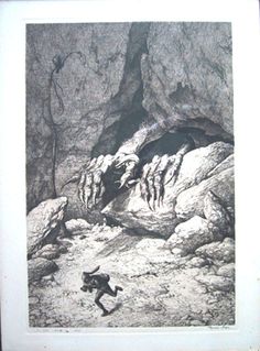 a drawing of a man running through a cave