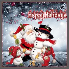 a christmas card with santa claus and snowmen