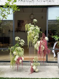 some white flowers and green plants in front of a store window with the words french kitchen on it