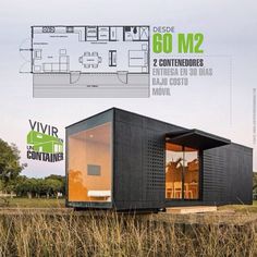 an advertisement for a shipping container home in the middle of a field with grass and trees