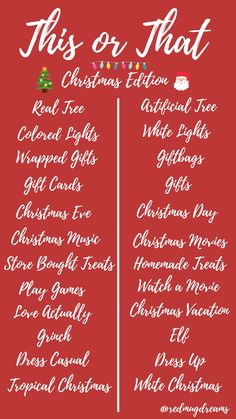 the christmas list is shown on a red background