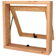 a wooden window frame with an opening on the side