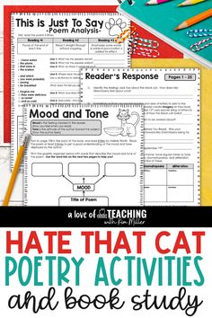 Engage students with this print and digital poetry unit using the book Hate That Cat. This book study for third, fourth, and fifth grade will help students learn targeted poetry skills like imagery, rhyme, similes, metaphors and more! This packet is broken down into approximately 30-page sections of the book which include reader's response questions and aligned poetry activities for each section. #poetryunit #bookstudy #readersresponse Cat Poetry, Back To School Newsletter, Poetry Vocabulary, Elements Of Poetry, Spring Classroom Activities, Digital Poetry, Test Prep Activities, Poem Analysis, Improve Reading Comprehension