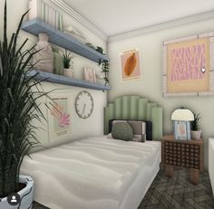 a bedroom with a bed, plant and pictures on the wall next to each other