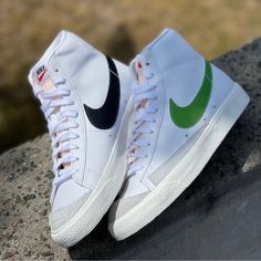 Nike Vintage Blazer Mid 77 In White Chrophyll Color One Nike Check Is Green Other Check Is Black Size Wm 10 Never Worn Comes In Original Box Nike Blazer Mid 77 Green, Nike Blazer Vintage, Blazer Mid 77 Vintage, Nike Blazer Mid 77, Nike Blazer Mid, Nike Blazers Mid, Retro Sports, Nike Vintage, Blazer Mid