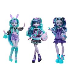 three dolls in different outfits standing next to each other