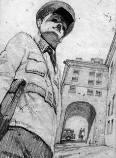 a drawing of a man in a suit and hat standing next to a building with an open doorway