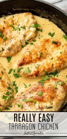 a skillet with chicken in creamy sauce and text overlay that reads really easy tarragon chicken Tarragon Chicken Recipe, French Chicken Recipes, Gourmet Comfort Food, Herb Chicken Recipes, Undercooked Chicken, Tarragon Chicken, Chicken Skillet Recipes, Gourmet Dinner