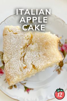 a close up of a piece of cake on a plate with the words italian apple cake above it