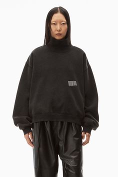 alexanderwang HIGH NECK PULLOVER IN DENSE FLEECE   ACID BLACK - alexanderwang® US High Neck Pullover, High Neck Sweatshirt, Black Jumper, Black Turtleneck, Acid Wash, Alexander Wang, Black Sweaters, Long Sleeve Sweater, Sweatshirts Women